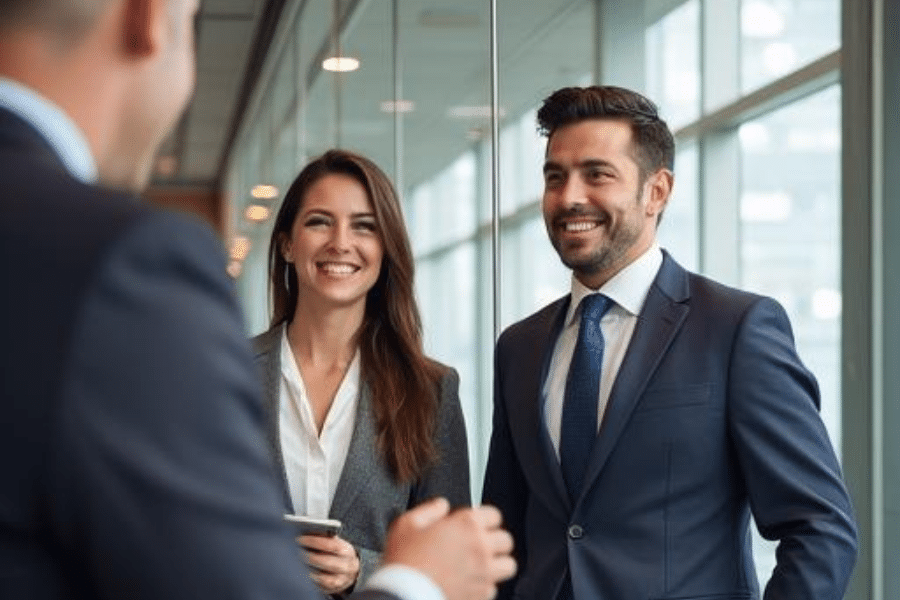 Professional executive assistant meeting with CEO in modern corporate office